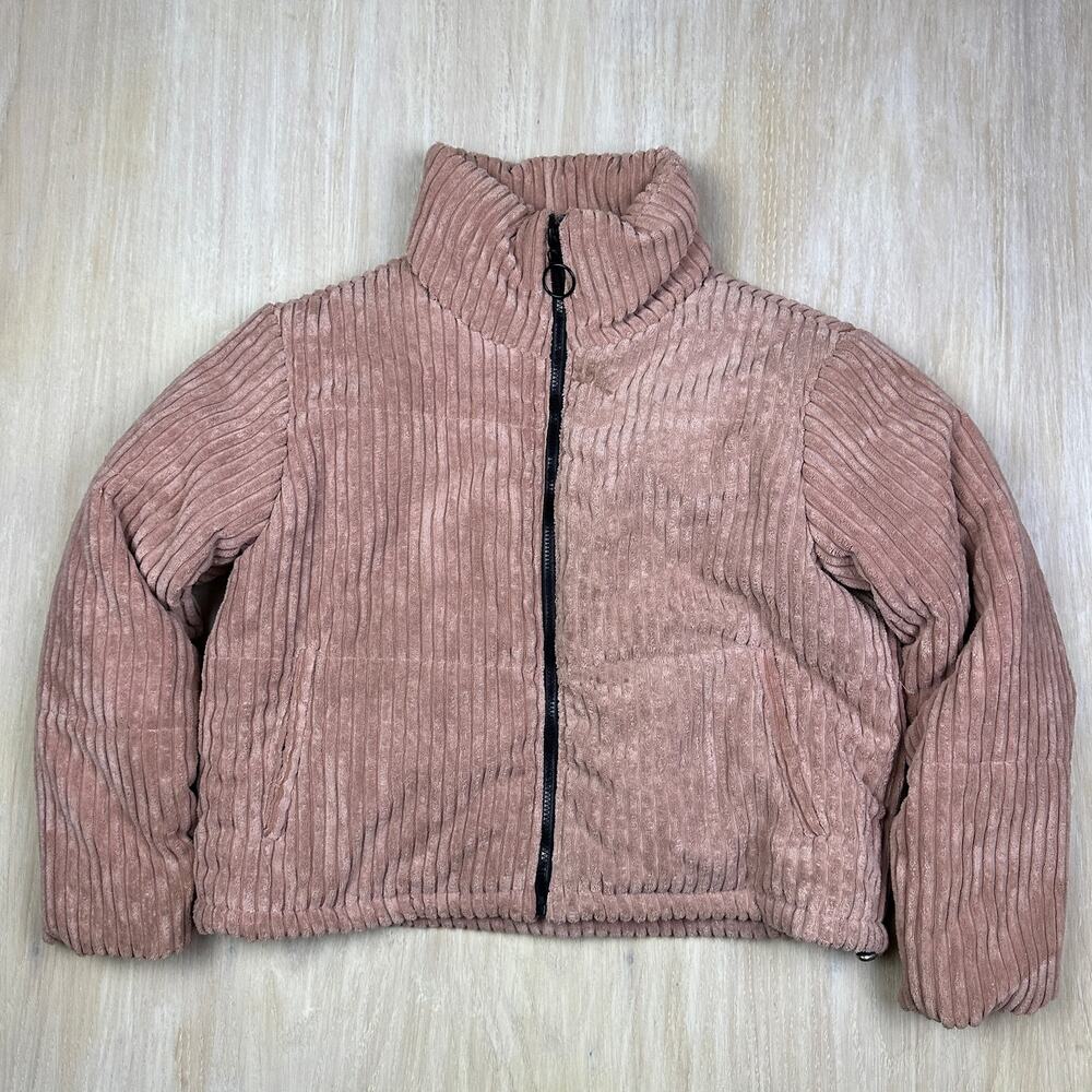 PrettyLittleThing Peach Pink Ribbed Corduroy Cropped Full Zip Puffer Jacket 10
